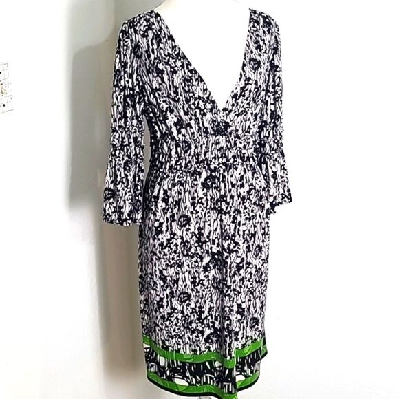 Max Edition Black & Print Dress Green Accents at Hem,Shirred Waistband, Sz Large - Picture 2 of 9